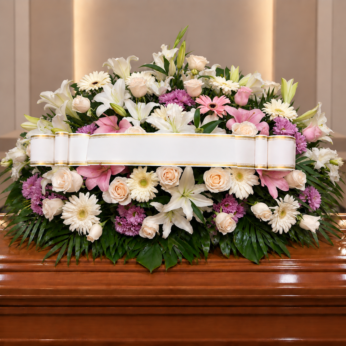 Centro funebre blanco y rosa