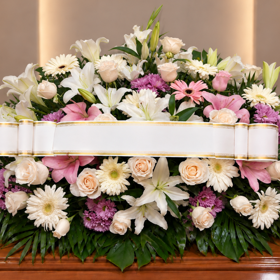 Centro funebre blanco y rosa