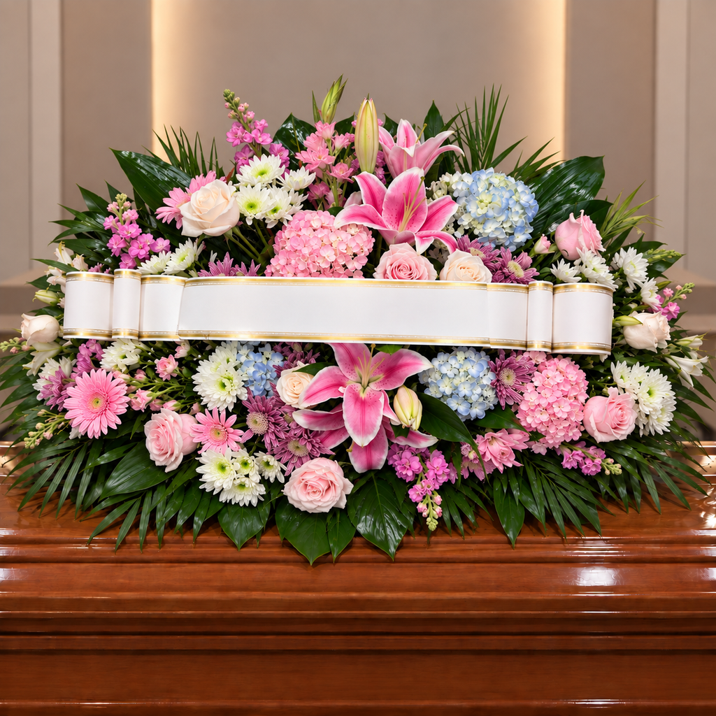 Centro funebre rosa y azul