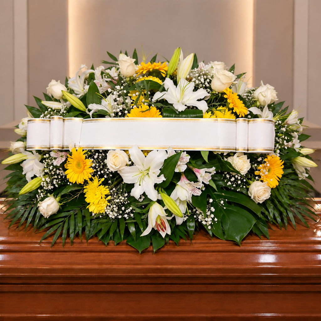 Centro funebre blanco y amarillo