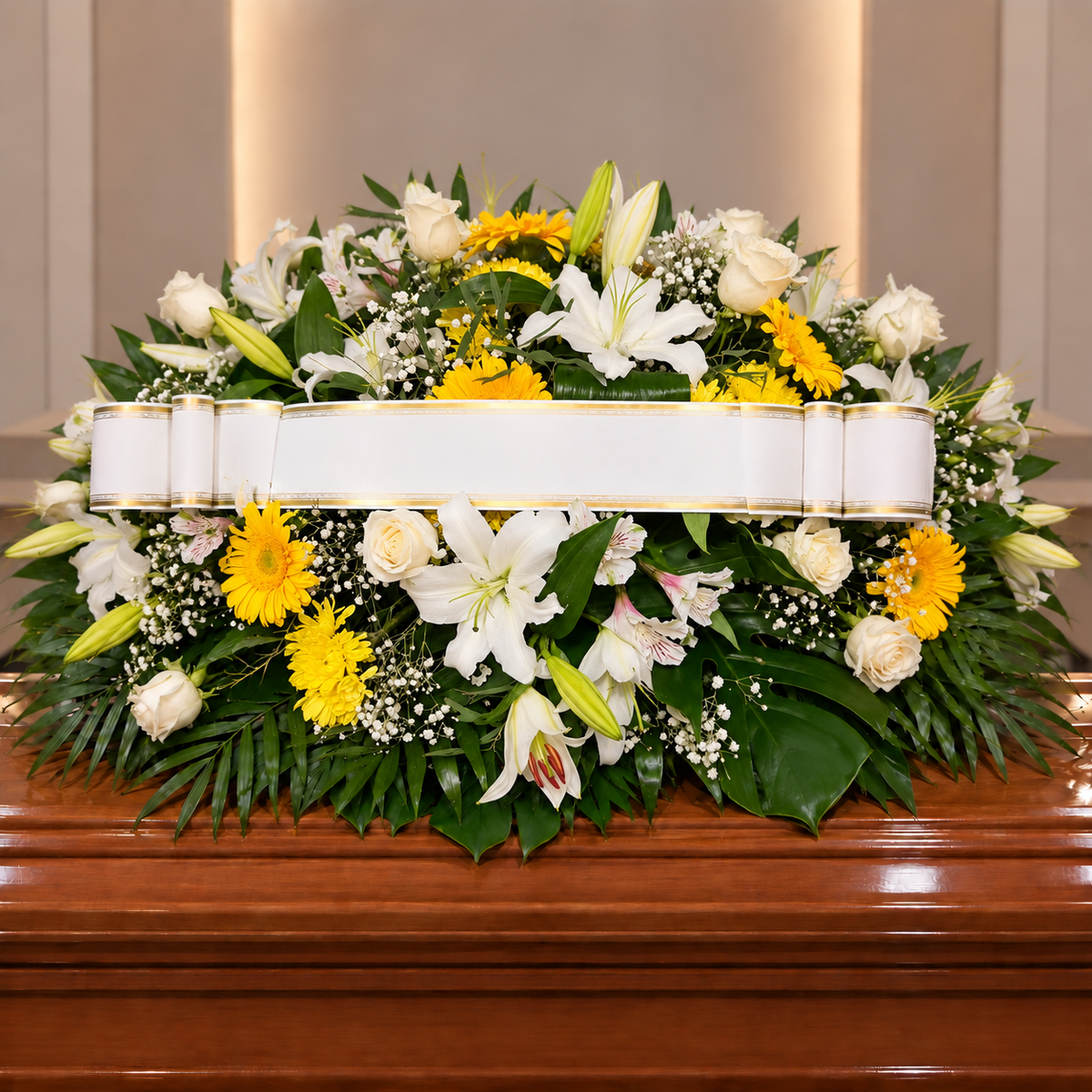 Centro funebre blanco y amarillo