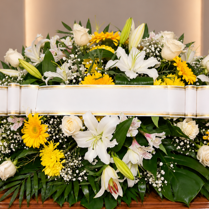 Centro funebre blanco y amarillo