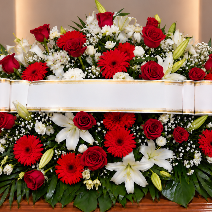 Centro funebre rojo y blanco