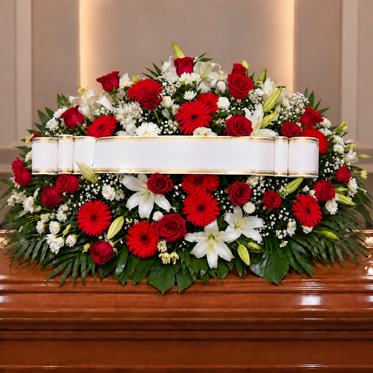 Centro funebre rojo y blanco