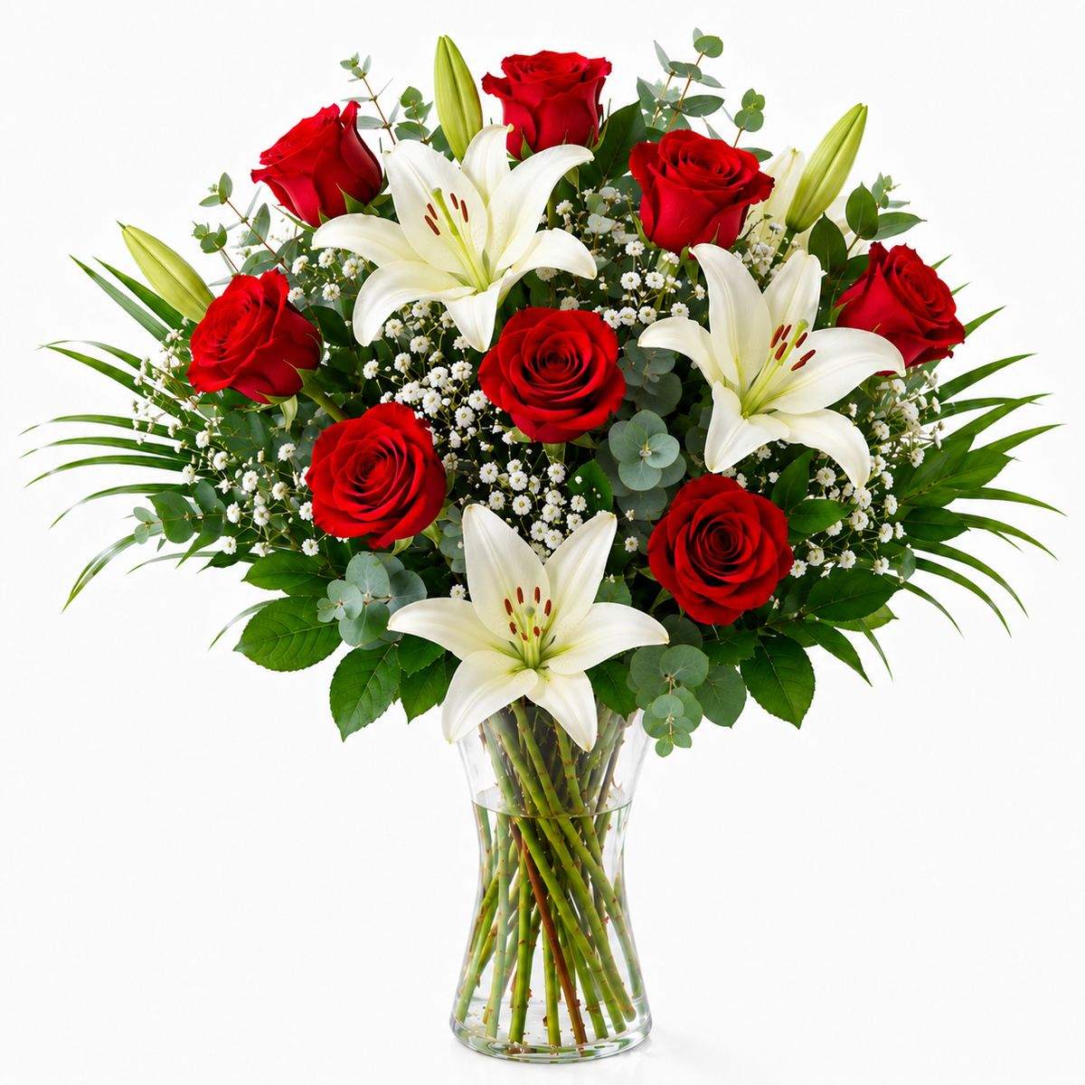 Ramo rosas rojas y lilium blanco