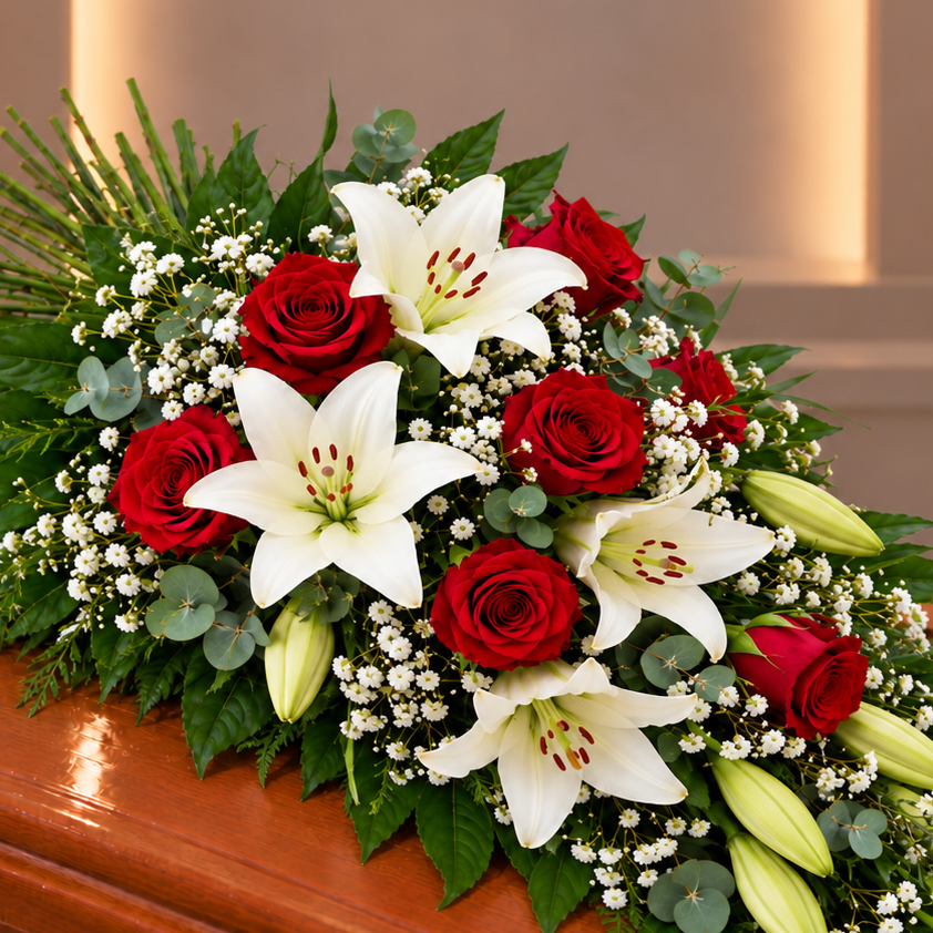 Ramo funebre rosas rojas y lilium blanco
