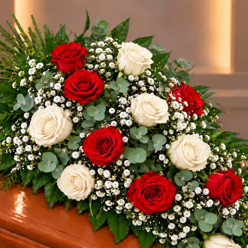 Ramo funebre rosas rojas y blancas